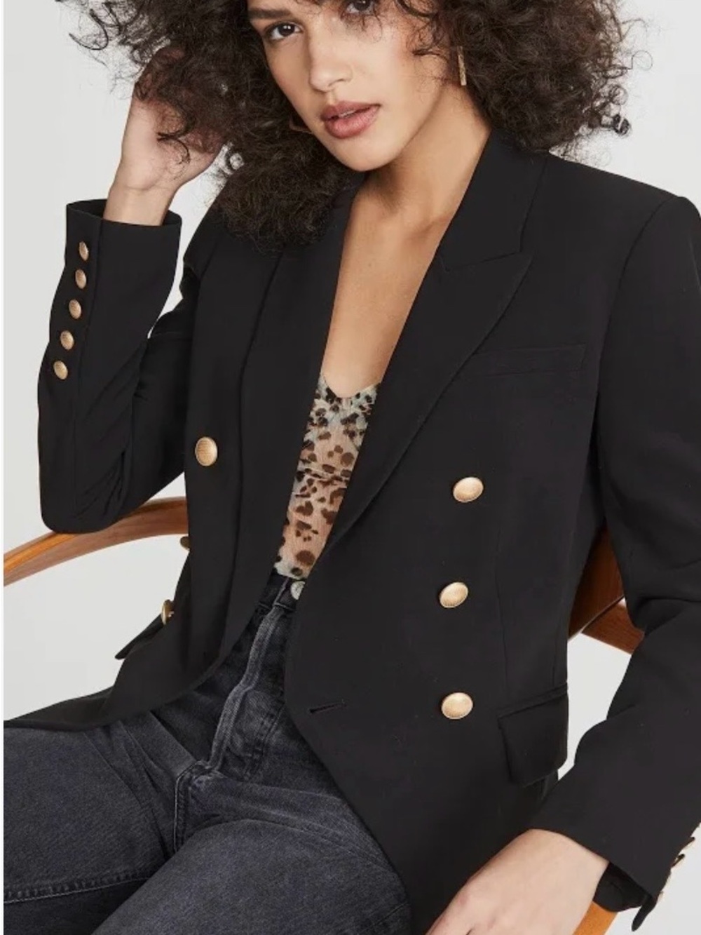 L”Agence Kenzie Double-Breasted Black Blazer with Gold Buttons